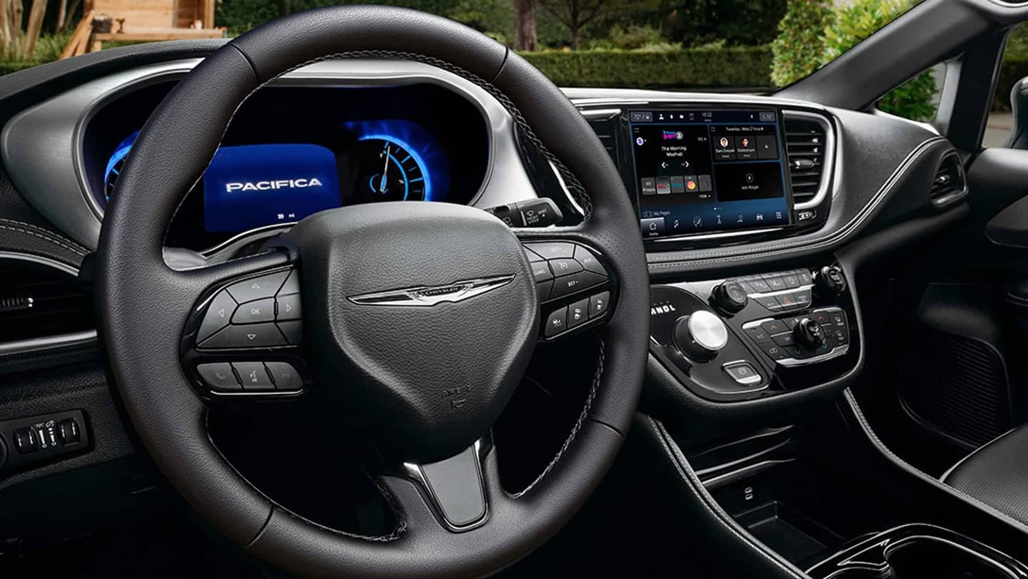 close up steering wheel and dashboard of 2026 chrysler pacifica phev