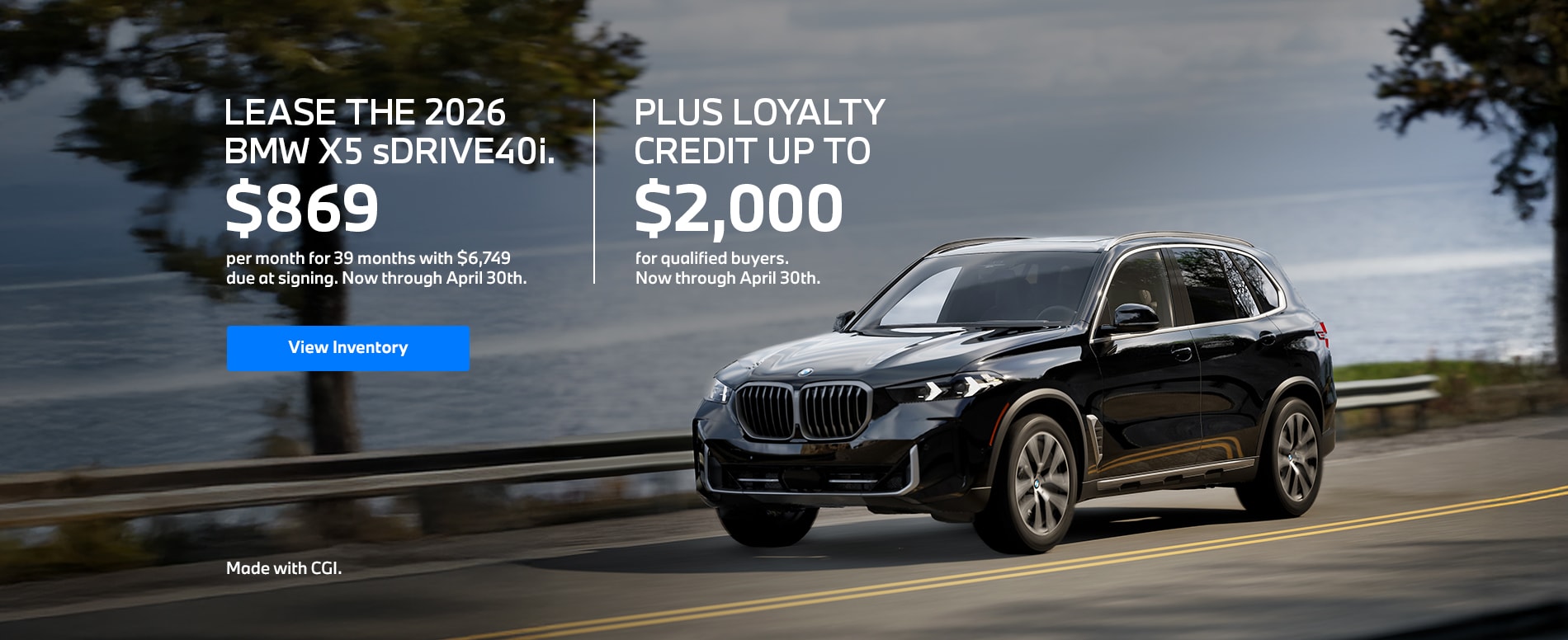 2026 X5 lease starting at \$869 per month for 39 months