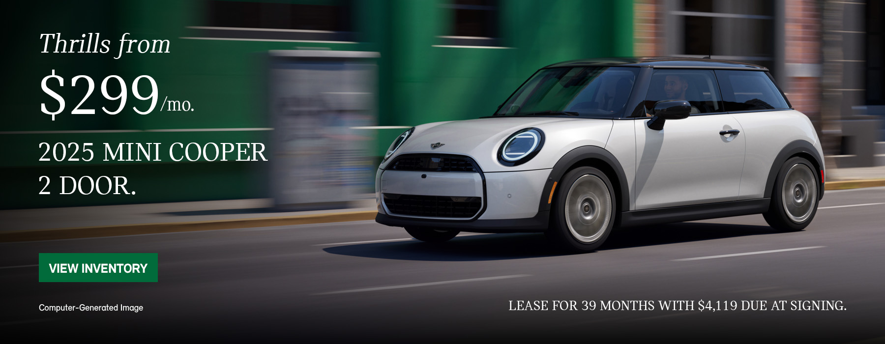 Side view of MINI Cooper 2 Door driving down a city street.