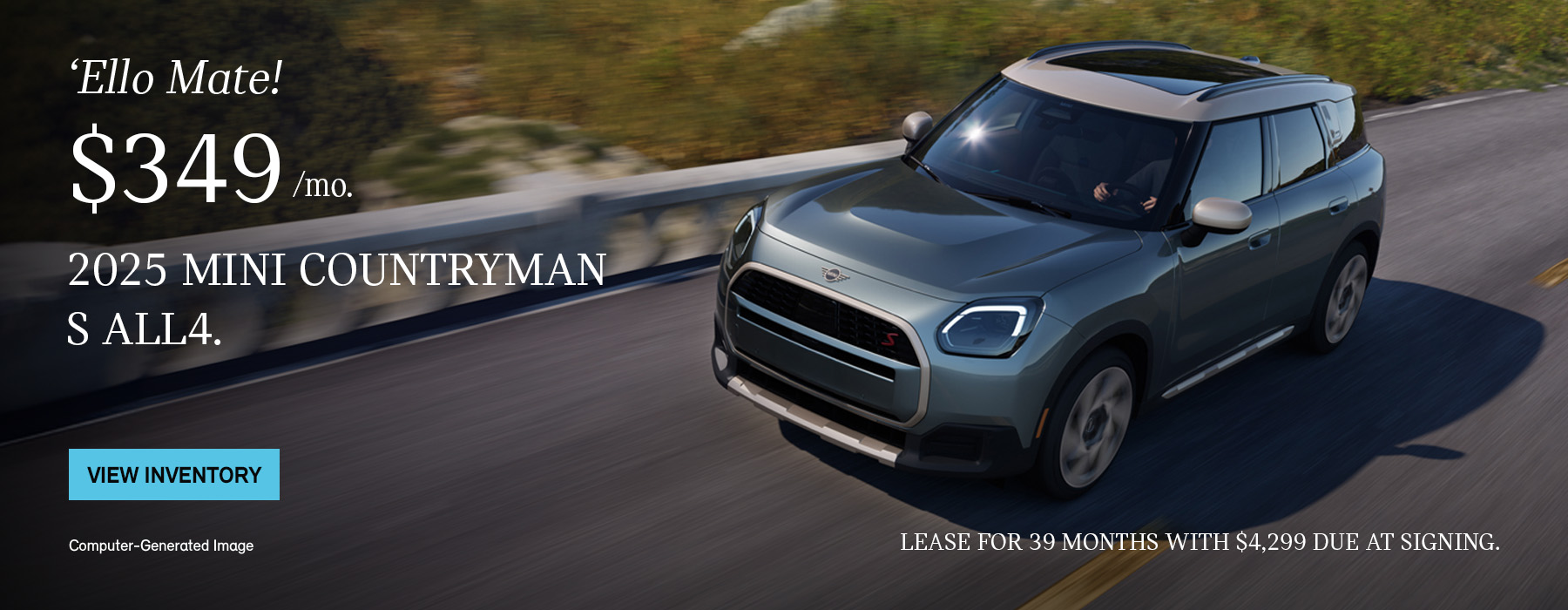 Front side view of MINI Countryman S ALL4 driving up a country road.  
